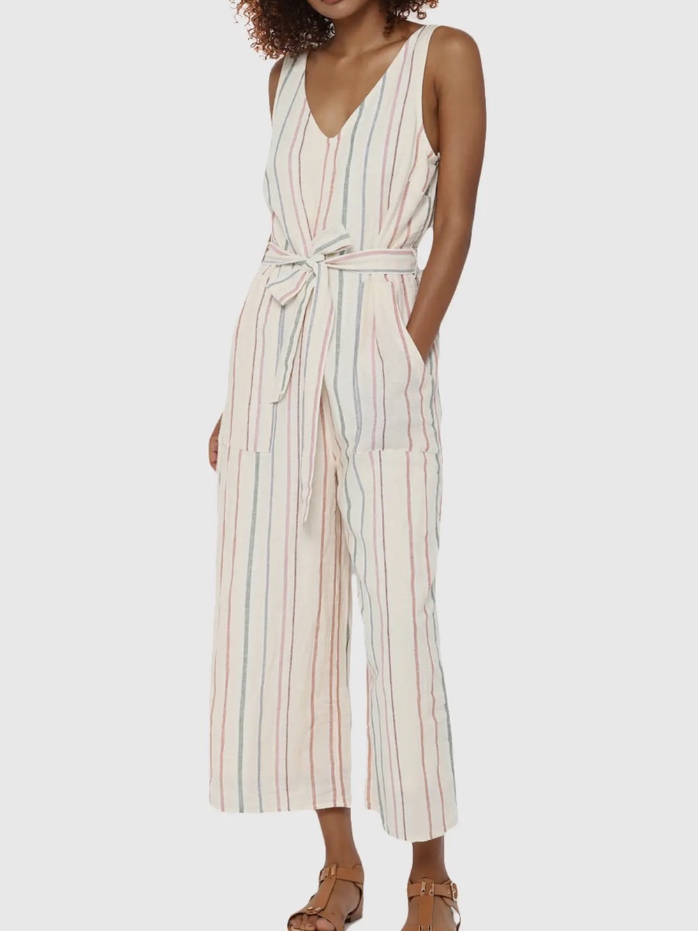 American Eagle Women's Cream Striped Wide-Leg Cotton Linen Blend Jumpsuit - Picture 2 of 6
